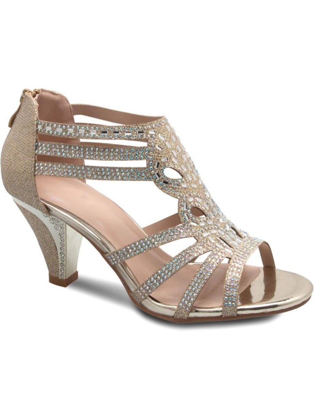 Women's Champagne Rhinestone Strappy Open Toe Low Cone Heel Wedding Sandals